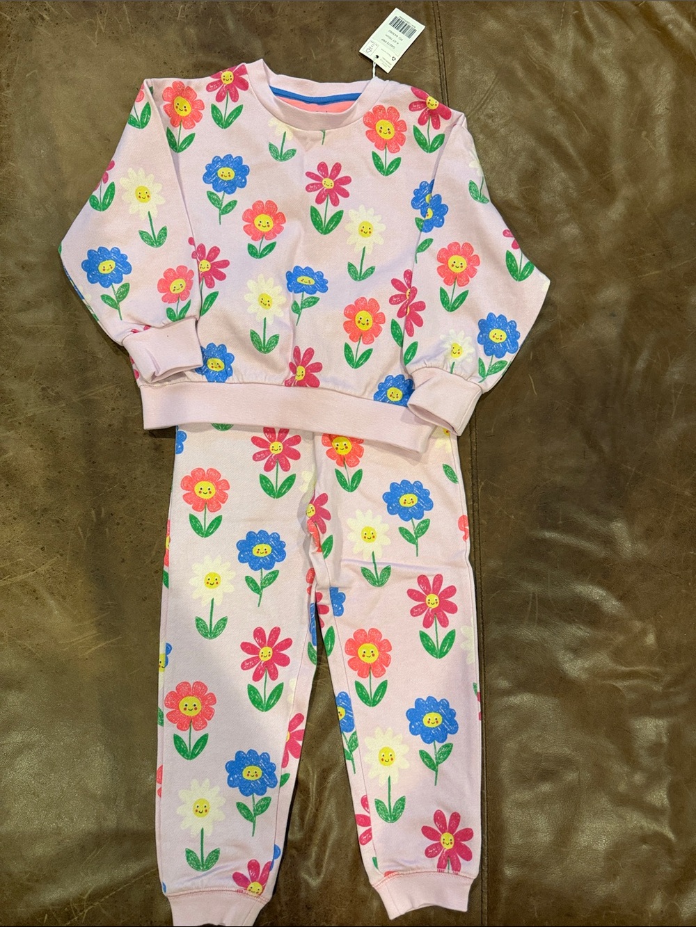 Mini Boden Pink Floral Jogger Set with Multicolor Flowers